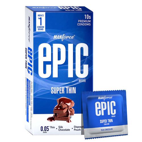 MANFORCE Epic Desire Super Thin Silk Chocolate Flavoured Premium Condoms with Disposable Pouch Condom (10 Sheets)