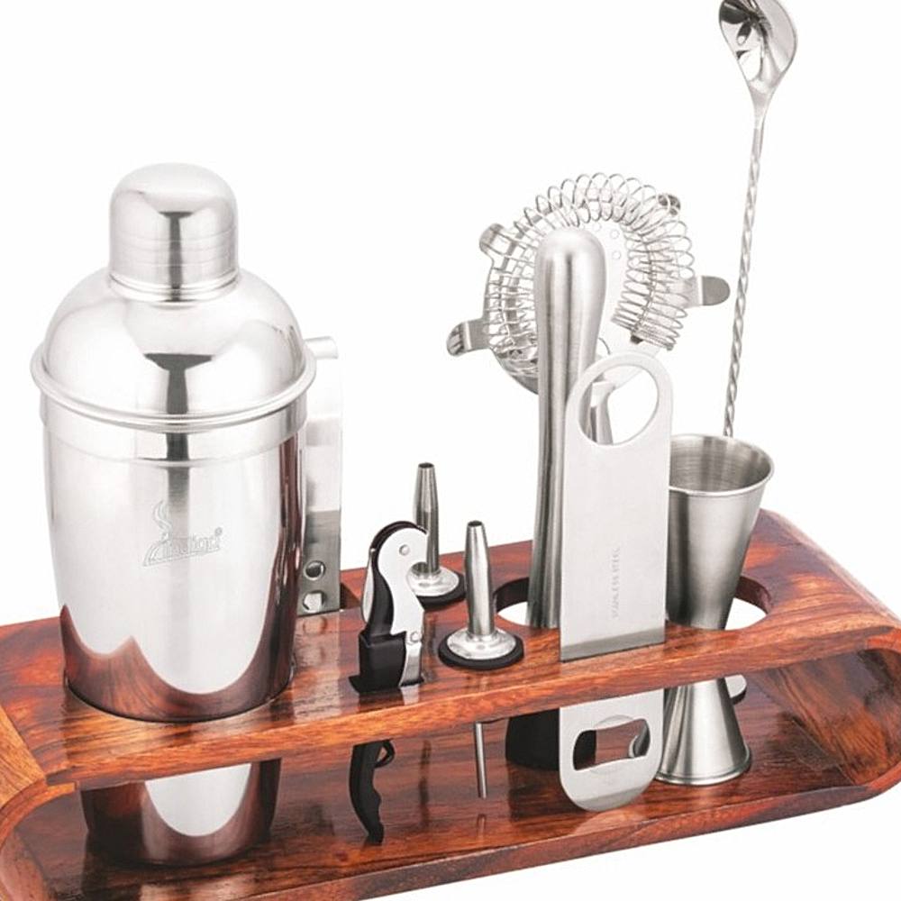 Indigo Bar Tool Set With Wooden Tray - Silver 1 Unit