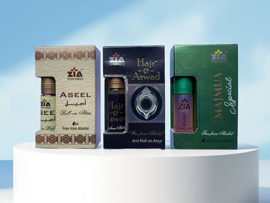 Ramzan Exclusive Attar Gift Set 2026 – Zia Aseel 6ML, Hazar Al Aswad 8ML & Majmua Special 6ML | Premium Alcohol-Free Attars