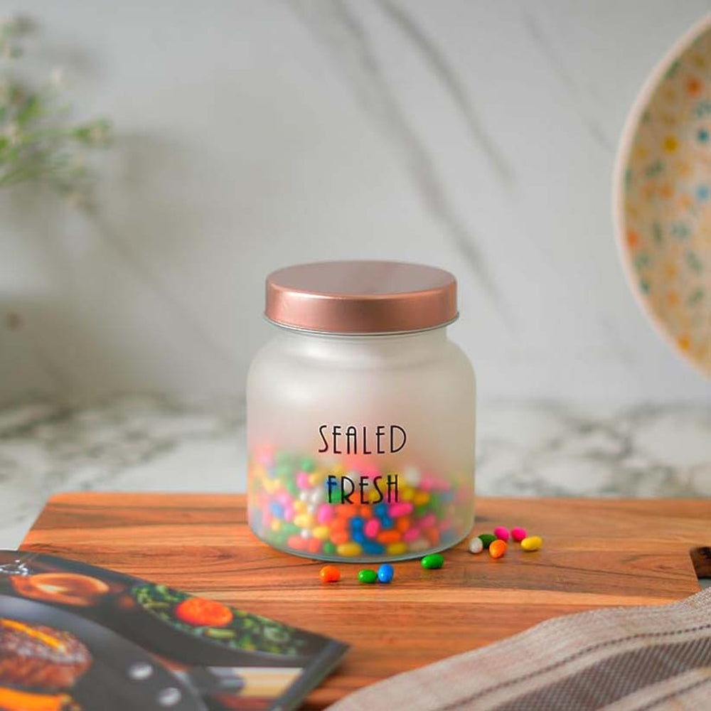 Femora Kitchen Storage Glass Jar With Steel Golden Lid 700 ml
