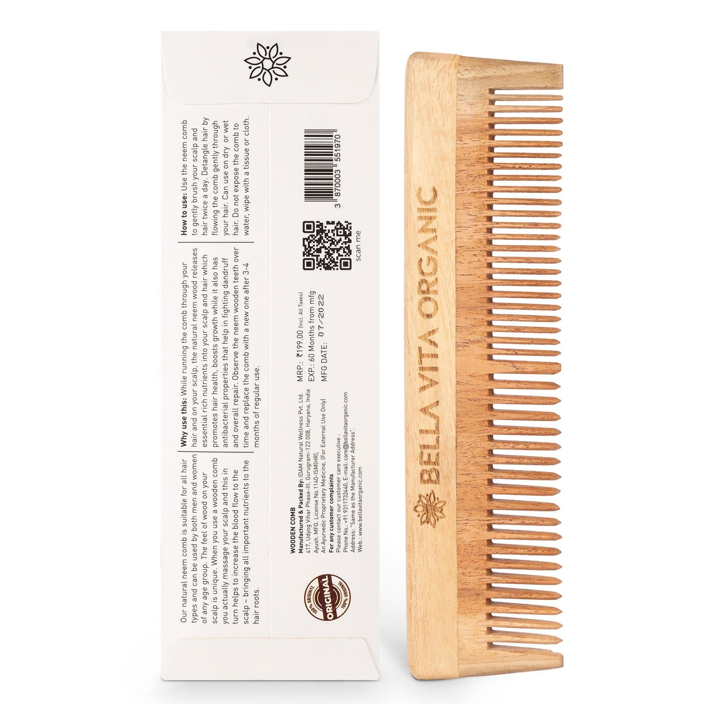 Bellavita NEEM Wooden Dual Tooth Comb