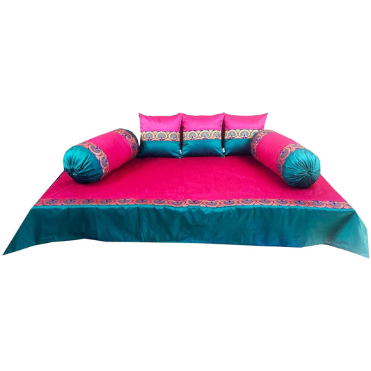 Pink Parrot Polyester Diwan Set - Pink & Rama - 6 Pieces 1 Unit