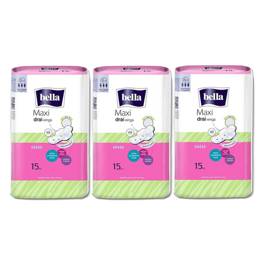 Bella Maxi Drai Wings Classic Sanitary Napkins 15 Pcs (Pack of 3)