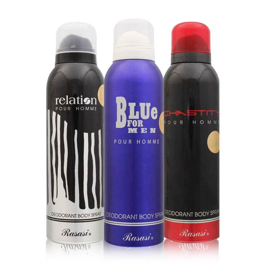 Rasasi Blue For Men, Chastity And Relation Pack Of 3 Deodorants For Men