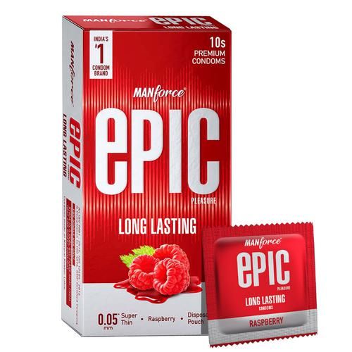 MANFORCE Epic Pleasure Long Lasting Super Thin Raspberry Flavoured Premium Condoms with Disposable Pouch Condom (10 Sheets)