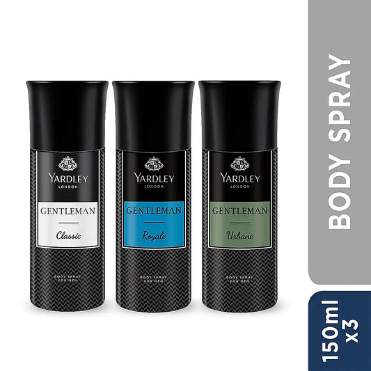 YARDLEY GENTLEMAN RANGE DEO BODY SPRAY TRIPACK (CLASSIC + URBANE + ROYALE) FOR MEN, 150ML EACH (PACK OF 3)
