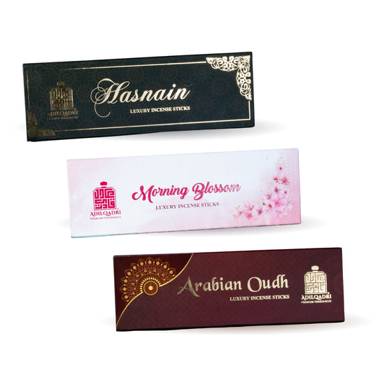 Adil Qadri Pack Of 3 Hasnain, Morning Blossom And Arabian Oud Incense Sticks (Agarbatti) 100 gms Each