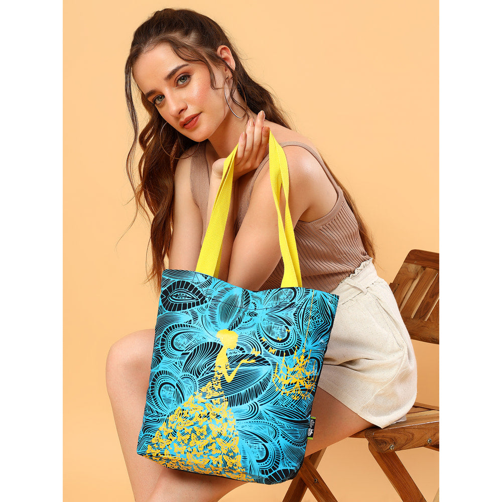 Kanvas Katha Printed Tote Bag (10) - Black & Blue 1 Unit