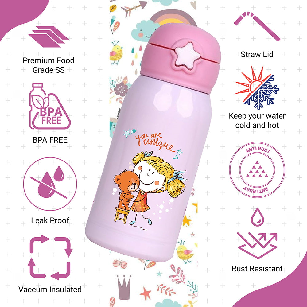 Femora You Are Unique Thermosteel Double Wall Kids Water Bottle With Bag Pink 550 ml