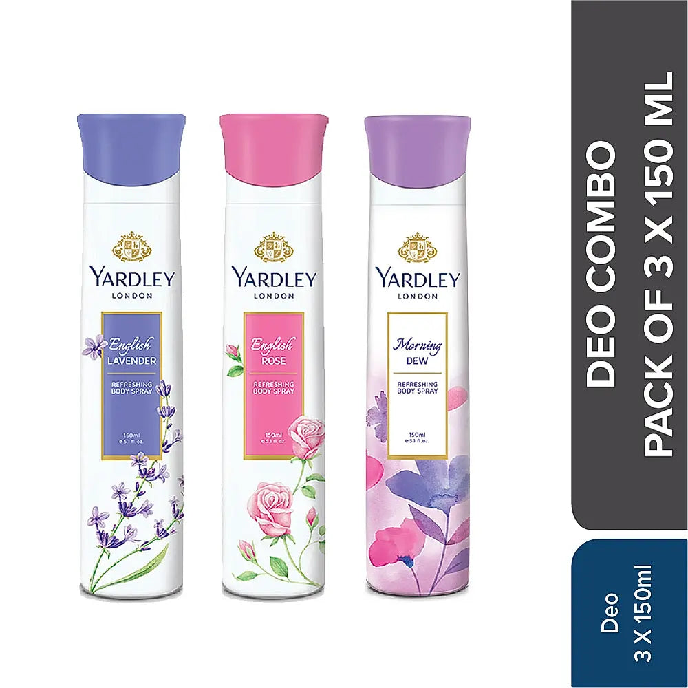 YARDLEY MORNING DEW 150 ML DEO, ENGLISH ROSE 150 ML DEO & ENGLISH LAVENDER 150 ML DEO