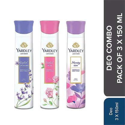 YARDLEY MORNING DEW 150 ML DEO, ENGLISH ROSE 150 ML DEO & ENGLISH LAVENDER 150 ML DEO