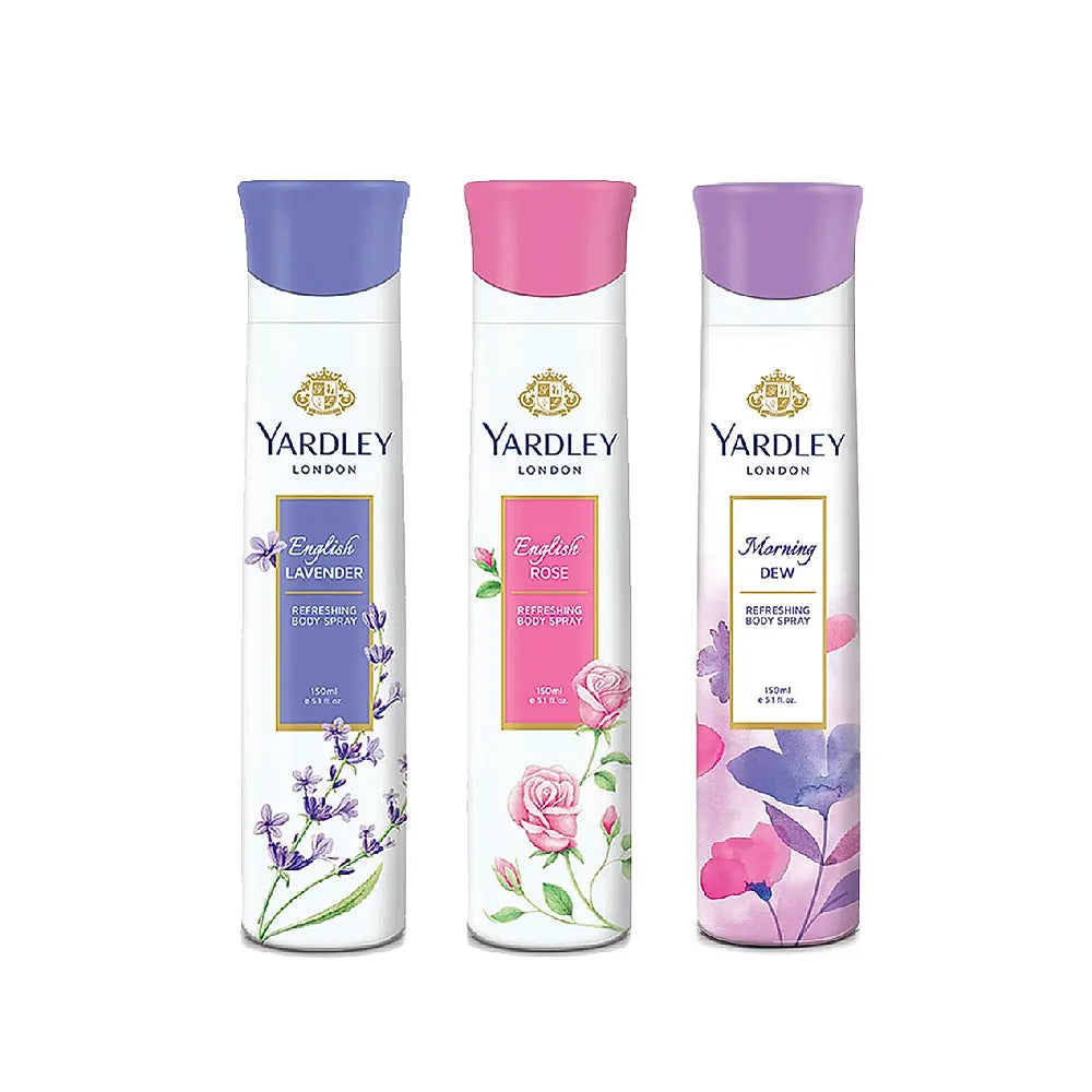 YARDLEY MORNING DEW 150 ML DEO, ENGLISH ROSE 150 ML DEO & ENGLISH LAVENDER 150 ML DEO