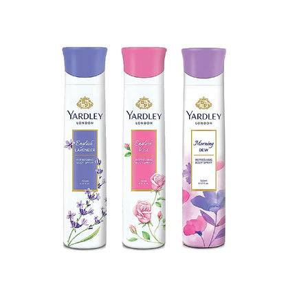 YARDLEY MORNING DEW 150 ML DEO, ENGLISH ROSE 150 ML DEO & ENGLISH LAVENDER 150 ML DEO