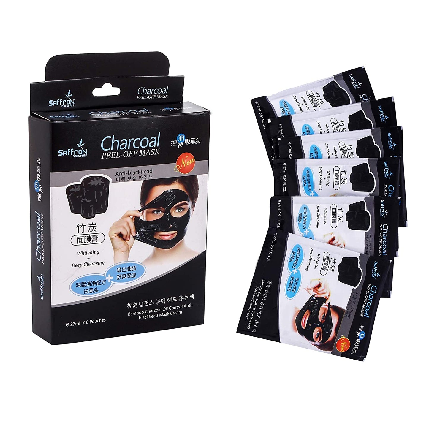 Saffron Naturals Charcoal Peel Off Mask Cream For Removeal Of Black Heads, Tightens Pores And Deeply Cleanses Skin (27ml X 6 Pouch)